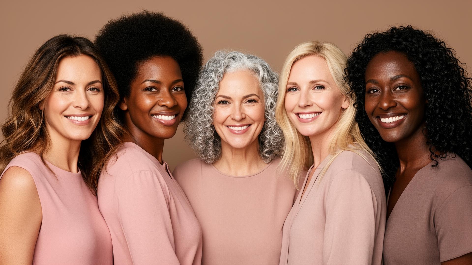 Five diverse women of every texture and background with beautiful healthy hair
